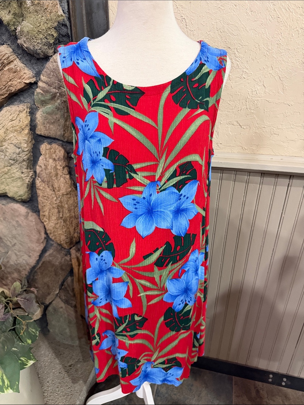 Red Floral Midi Dress with Blue Bloom Print